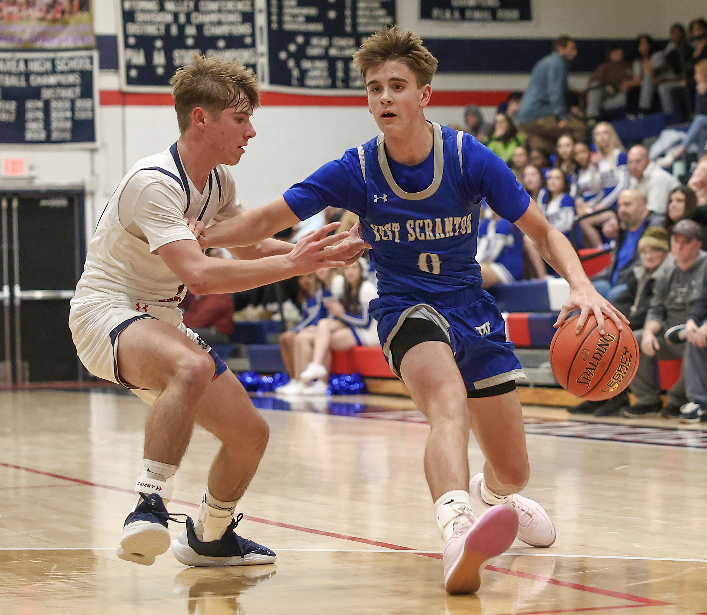 West Scrantonâs Nate Schimelfenig (0) moves the ball past Nanticoke...