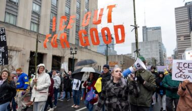 Lauren Steinmeyer, with Indivisible Philadelphia, leads chants during the march in protest against ICE in Philadelphia, Pa., on Saturday, Jan. 10, 2026.