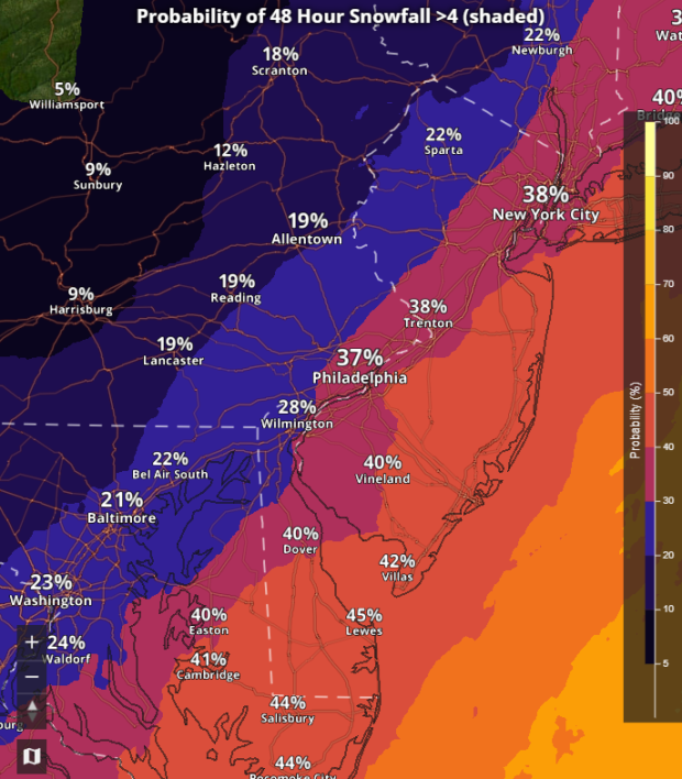 This map from the National Weather Service shows the probability of snowfall  greater than 4 inches over the weekend. 