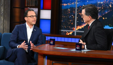 The Late Show with Stephen Colbert and guest Gov. Josh Shapiro during Thursday's July 25, 2025 show.