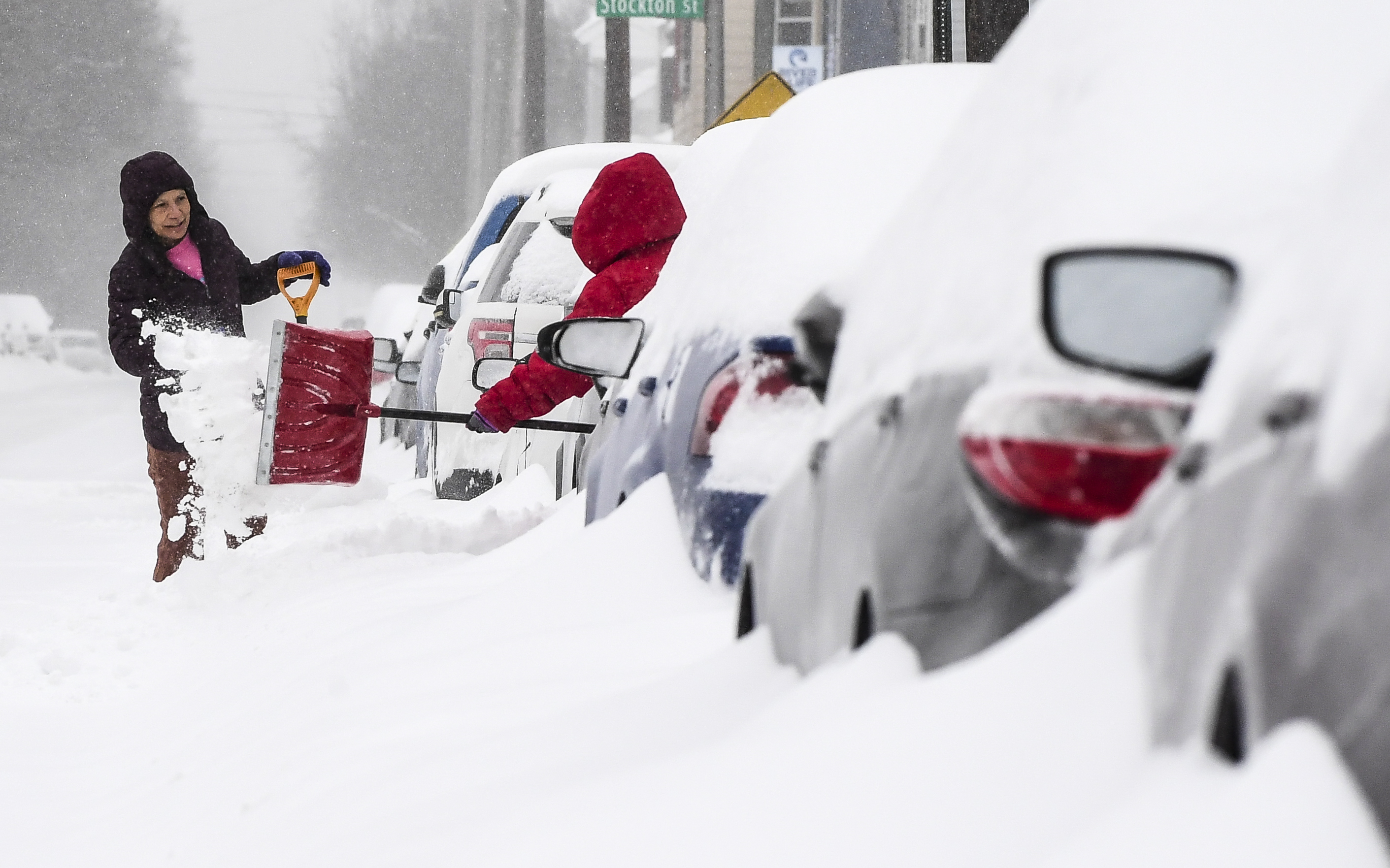 Residents of first block Sitgreaves St, Phillipsburg, begin shoveling their cars out about 1:30 pm, Jan. 25, 2026, as the first major storm hits Lehigh Valley.