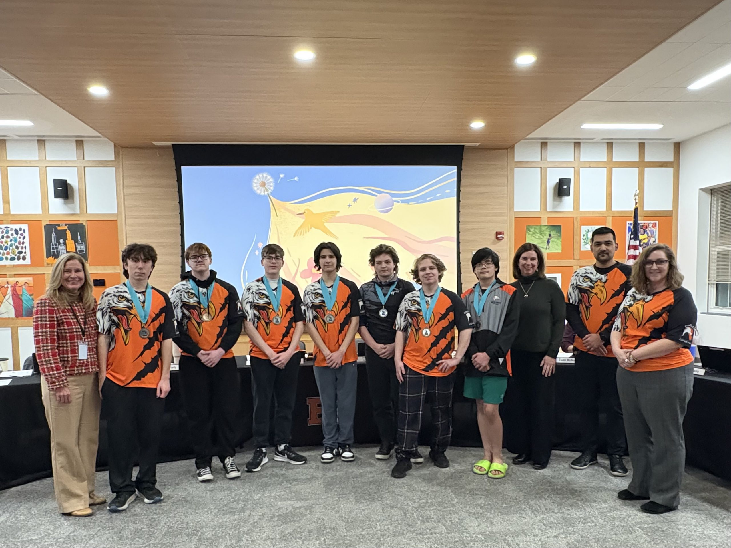 Image of the BCHS Eagles Esports team with Superintendent Jody Monroe and Board of Education President Holly Dellenbaugh