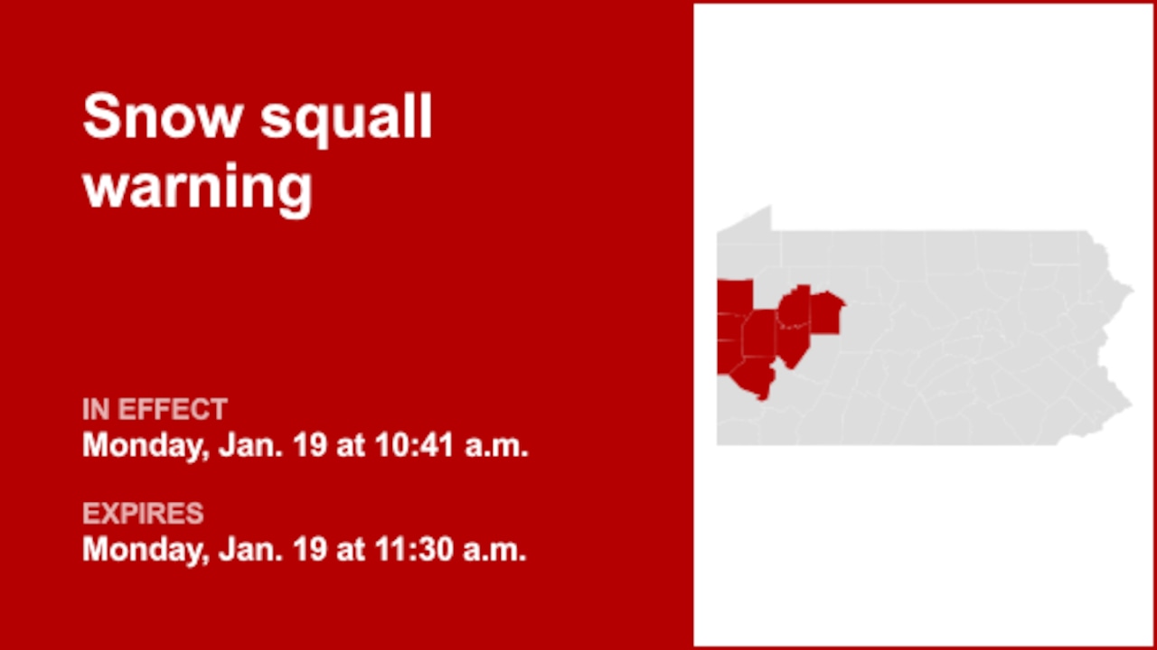 Update: Part of Pennsylvania placed under a snow squall warning Monday midday – gusts to hit 35 mph