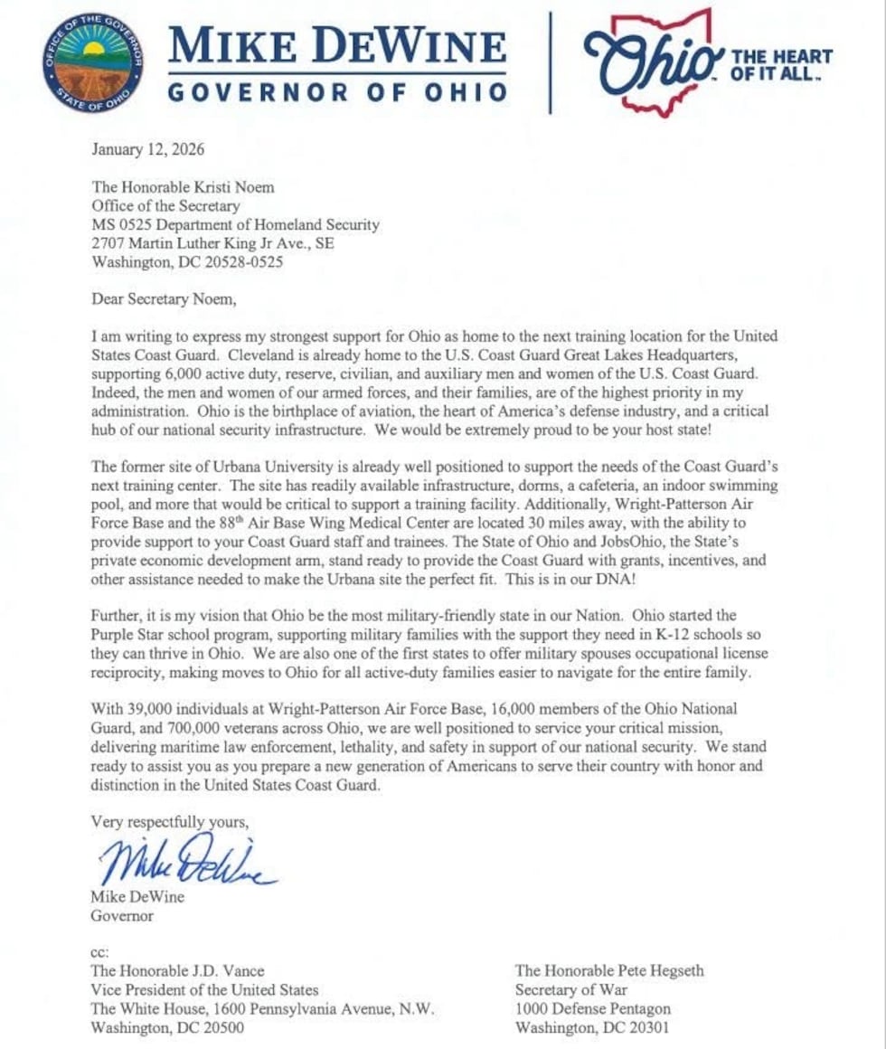 Governor DeWine sends letter calling for Ohio to be next Coast Guard training site.