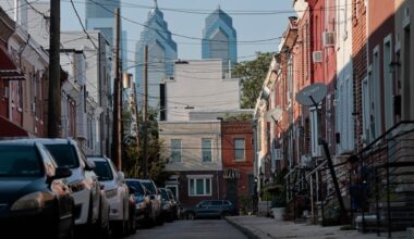 A view of the 1400 block of South Bancroft Street and the Philadelphia skyline, including One and Two Liberty Place, photographed on Saturday, August 16, 2025.