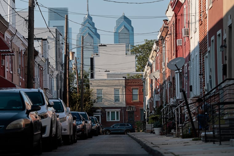 A view of the 1400 block of South Bancroft Street and the Philadelphia skyline, including One and Two Liberty Place, photographed on Saturday, August 16, 2025.