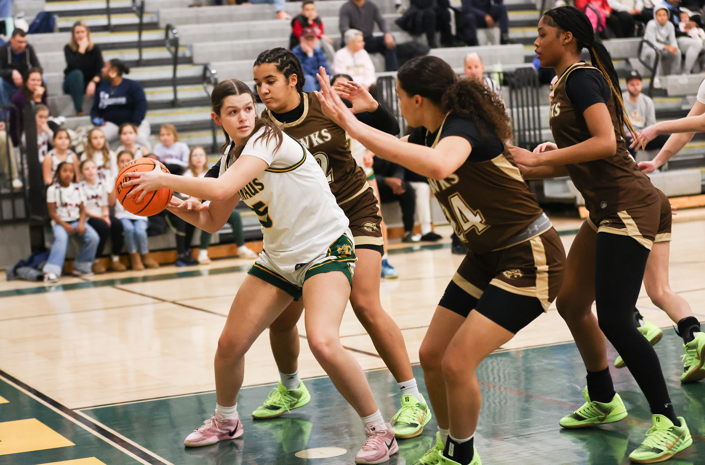 Emmaus player Gabby East (35) tries to pass the ball during a game against Bethlehem Catholic on Jan. 12, 2026