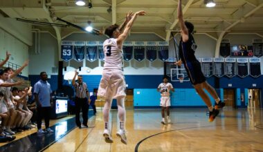 North Penn senior Chris Kingkiner knocks down a corner three, one of many the Knights hit in their 49-40 win over Bensalem.