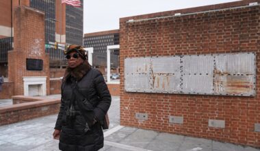 Karen Oliver walked by the locations of now removed explanatory panels that were part of an exhibit on slavery at Philadelphia’s Independence National Historical Park on Friday.