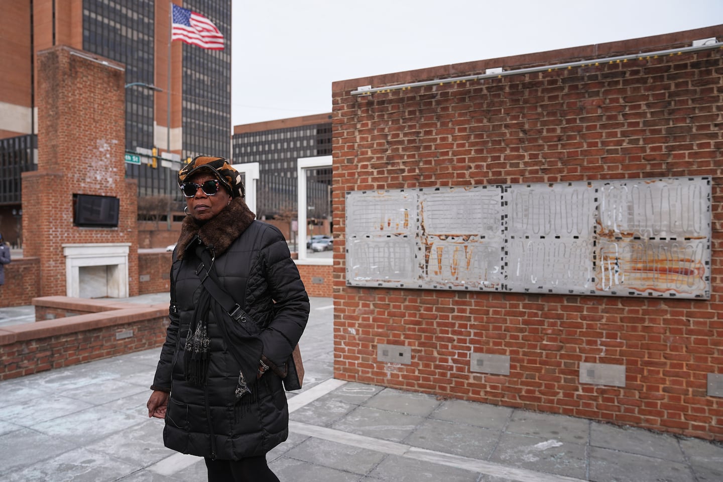 Karen Oliver walked by the locations of now removed explanatory panels that were part of an exhibit on slavery at Philadelphia’s Independence National Historical Park on Friday.