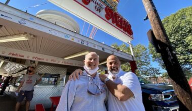 Pat's King of Steaks owner Frank E. Olivieri (right) and his father, Frank P. Olivieri, outside the stand on Sept. 21, 2020.