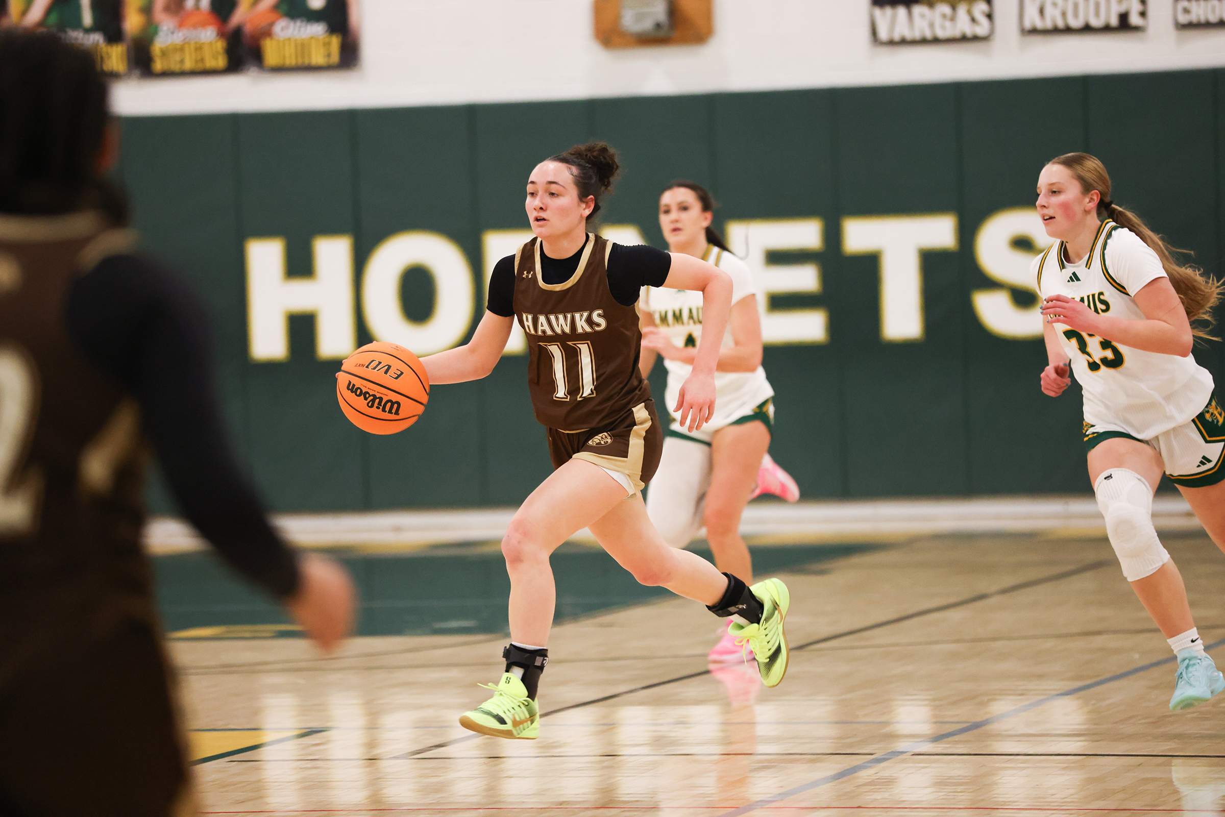 Bethlehem Catholic's Leah Ault (11) takes the ball down the count during a game at Emmaus on Jan. 12, 2026.
