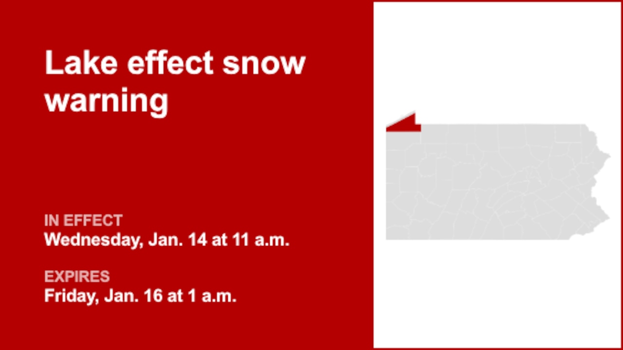 Lake effect snow warning in place for Southern Erie until 1 a.m. Friday
