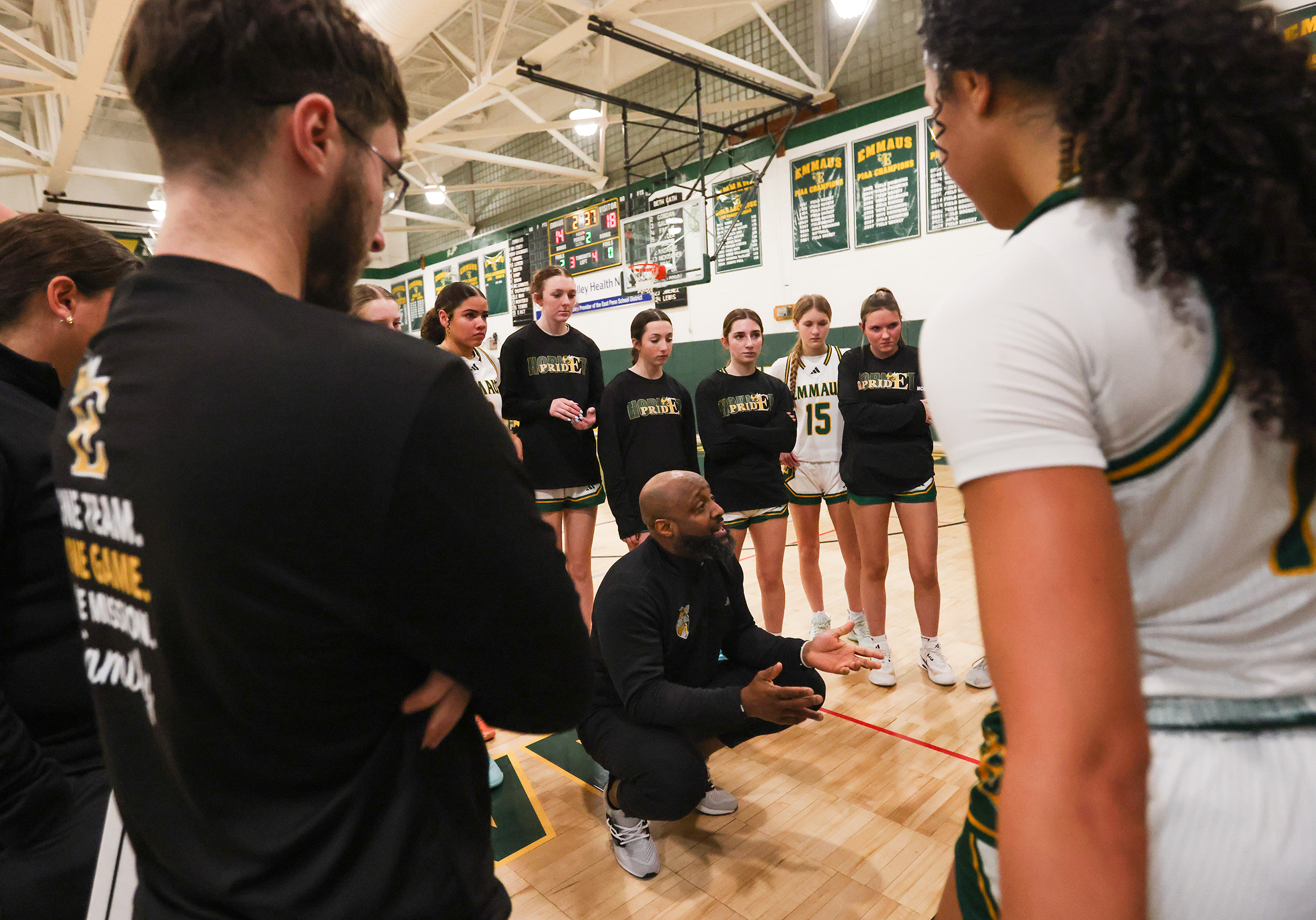 Bethlehem Catholic head coach Arnold Alleyne talks to players in a timeout on Jan. 12, 2026.