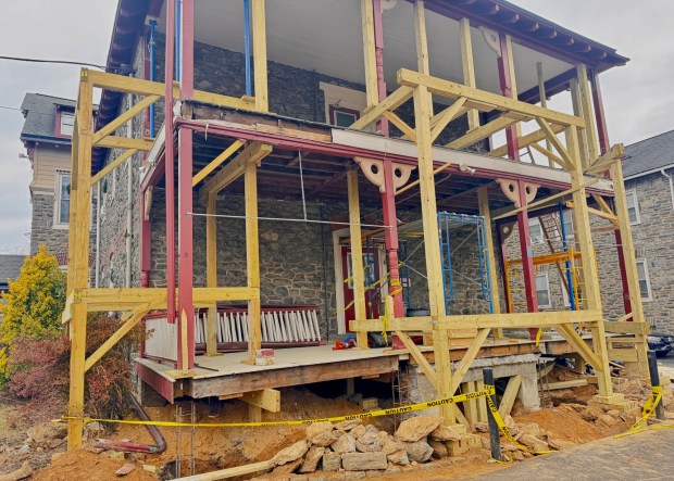 Construction work continues on the aging rear porch infrastructure, which is getting a much needed facelift. (Photo by Rick Cawley)