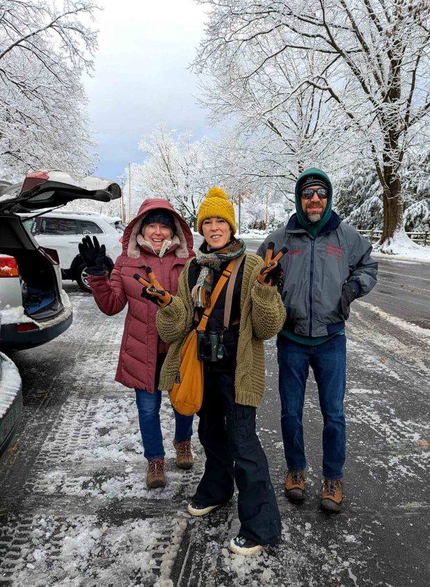 From left, Denise Muller, Holly Armbuster and Chris Ryan set out to count along the Wyomissing Creek on the Reading Christmas Bird Count on Dec. 14, 2025. (Courtesy of Lucy Cairns)