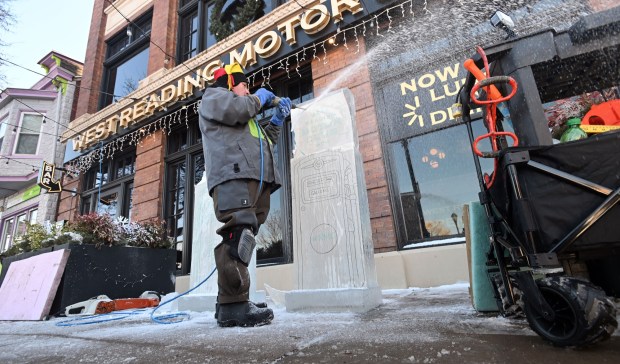 Danny Kissel of Newville, Cumberland County, is the featured sculptor at the Ice and Spice Festival in West Reading. (BILL UHRICH/READING EAGLE)