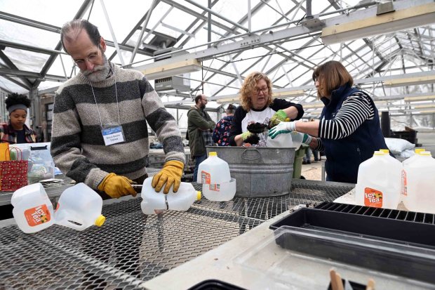 David Beane of Reading, left, Kim DeHart of Sinking Spring, and Helen Thomas of Boyertown, all from the Berks County Master Gardeners' program, prepare to plant seeds at the City Park Greenhouse during a Martin Luther King Jr. Day of Service on Monday, Jan. 19, 2026. (Bill UHRICH/READING EAGLE)