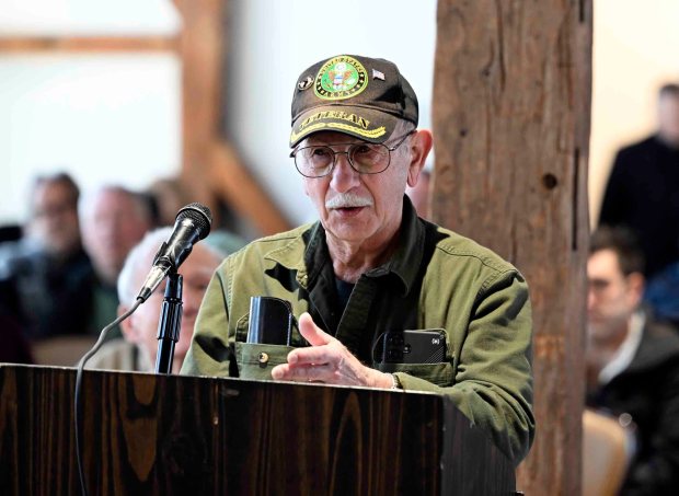 Leroy Reinert, an Exeter Township resident and a service user, testifies at a Pennsylvania Public Utility Commission hearing at the Dunn Community Center, 4565 Prestwick Drive, Exeter Township, on Tuesday, Jan. 20, 2026, about proposed rate changes by the Pennsylvania American Water Company. (BILL UHRICH/READING EAGLE)