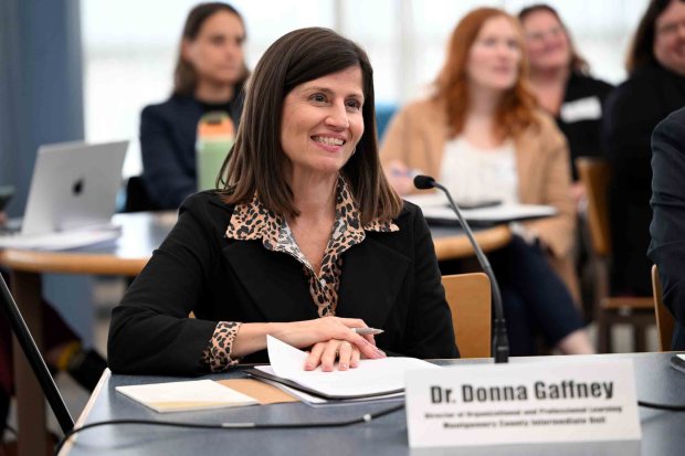 Dr. Donna Gaffney, director of organizational and professional learning at the Montgomery County Intermediate Unit, speaks during a public hearing with the Senate Majority Policy Committee on improving reading outcomes at the Daniel Boone Middle School in Amity Township on Monday, Jan. 12, 2026. (BILL UHRICH/READING EAGLE)