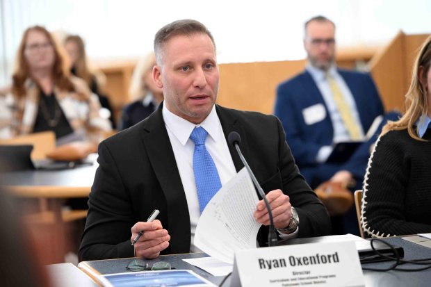 Ryan Oxenford, director of curriculum and educational programs at the Pottstown School District, speaks during a public hearing with the Senate Majority Policy Committee on improving reading outcomes at the Daniel Boone Middle School in Amity Township on Monday, Jan. 12, 2026. (BILL UHRICH/READING EAGLE)