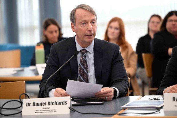 Dr. Daniel Richards, director of the office of professional learning at the Berks County Intermediate Unit, speaks during a public hearing with the Senate Majority Policy Committee on improving reading outcomes at the Daniel Boone Middle School in Amity Township on Monday, Jan. 12, 2026. (BILL UHRICH/READING EAGLE)