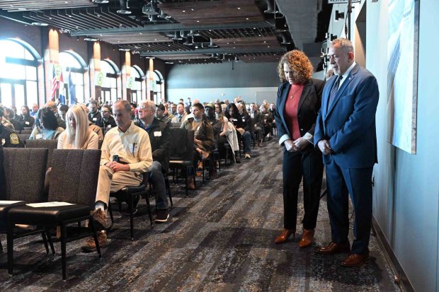 Reading Mayor Eddie Moran and his wife, Ruth Errazuri-Moran, pray during the annual State of the City address at the Redner's Event Center in FirstEnergy Stadium on Friday, Jan. 30, 2026. (BILL UHRICH/READING EAGLE)