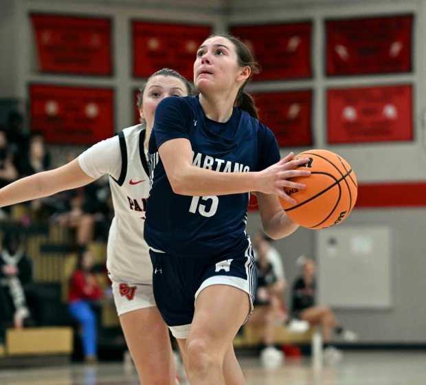 Wyomissing's Lily Paolini drives for two of her game-high 15 points against Schuylkill Valley in a 42-41 Spartans' victory over the Panthers on Tuesday, Jan. 20, 2026, at Leesport. (BILL UHRICH/READING EAGLE)