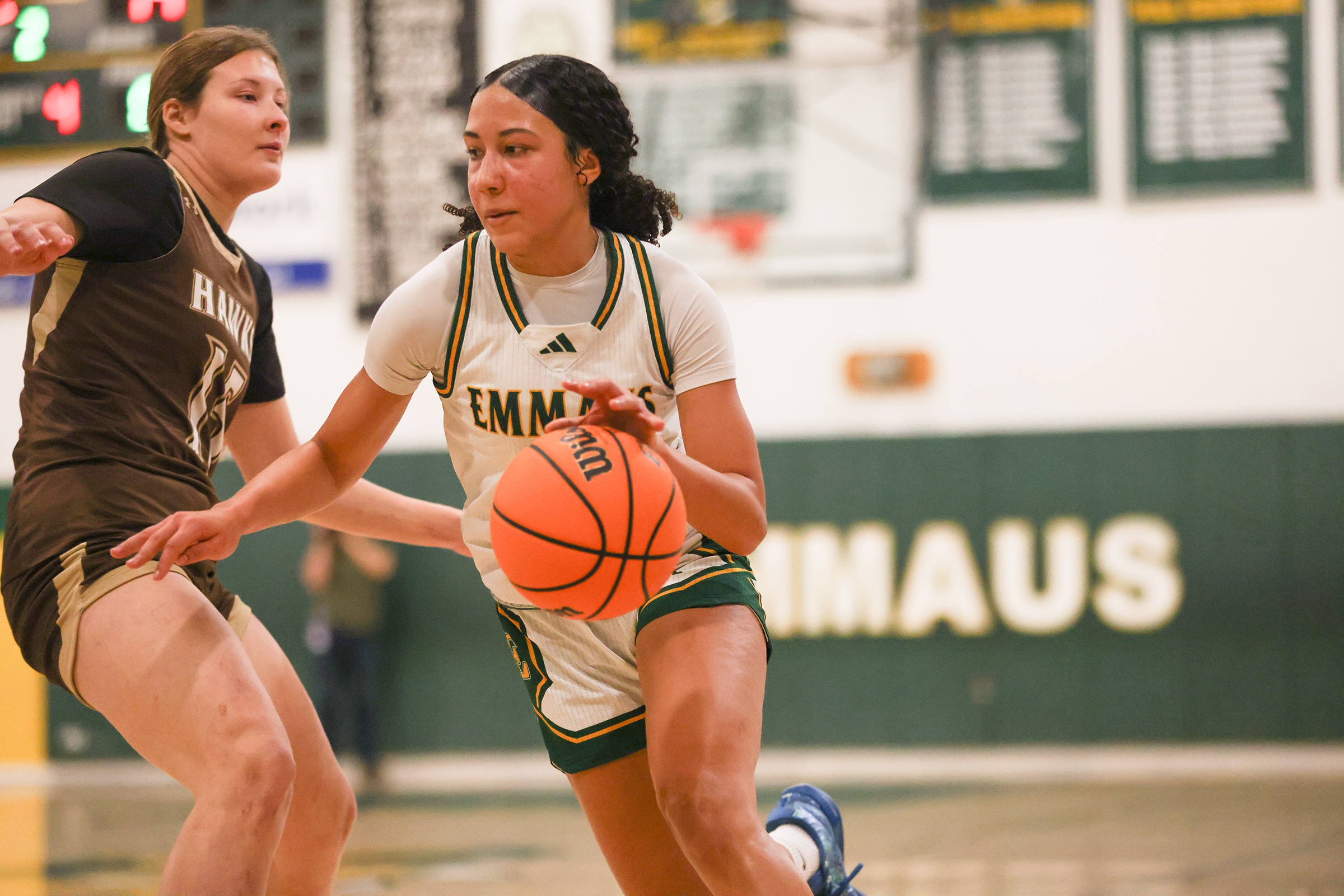 Emmaus player Gracie Ervin (11) dribbles the ball during a game against Bethlehem Catholic on Jan. 12, 2026
