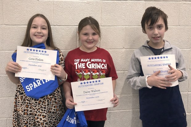 Mid Valley Elementary Center's Outstanding Spartans for December in fourth through fifth grades, from left: Cora Finlon, fourth grade; Daisy Walton, fifth grade, and Jacob Shuta, fourth grade. (Submitted)