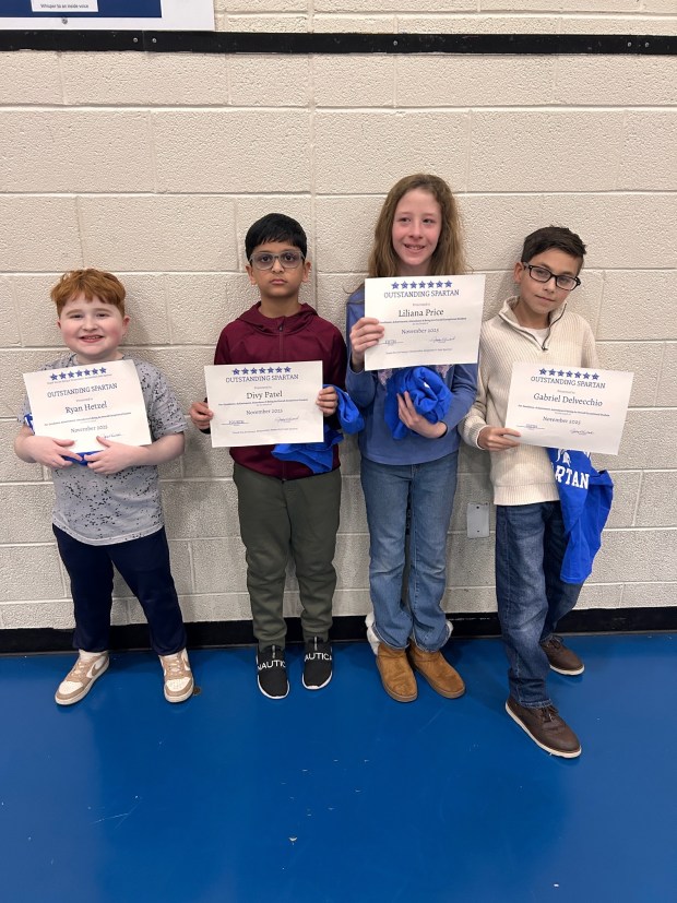 Mid Valley Elementary Center's Outstanding Spartans for November in fourth through sixth grades, from left: Ryan Hetzel, fourth grade; Divy Patel, fourth grade; Liliana Price, fifth grade, and Gabriel Delvecchio, sixth grade. (Submitted)