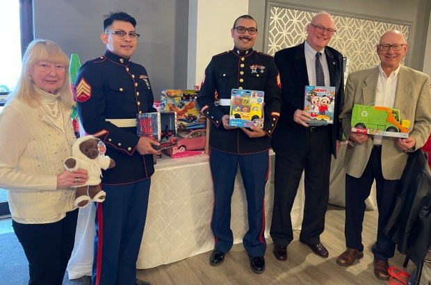 From left, PARSE officers and Marine Corps sergeants welcome the main speaker, Bill Dunn, PARSE executive vice president. From left: Eileen Soranno, chairperson; Sgt. William Reyna, Marine Corps; Sgt. Abraham Rubalcava, Marine Corps; Dunn and John Adamsky, president. (Courtesy of Lauren Telep)