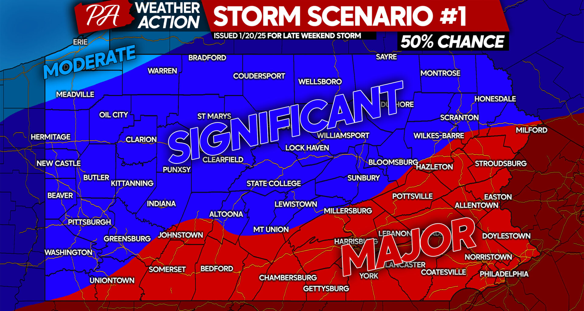 Scenarios for Potential Late Weekend Major Snowstorm in Pennsylvania