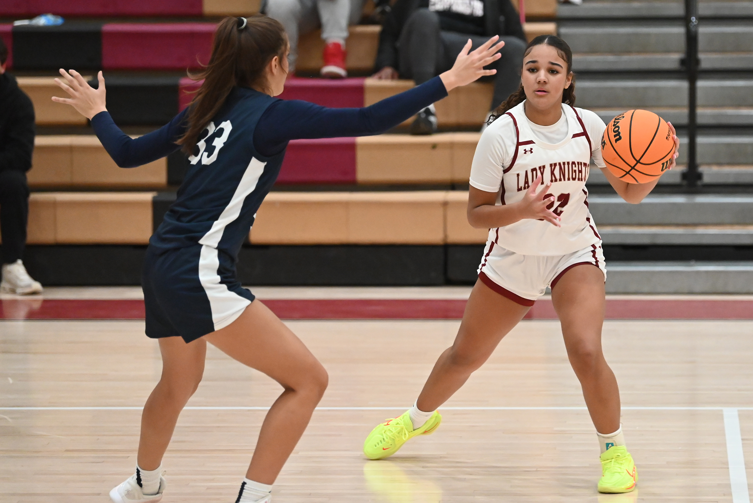 Abington Heights’ Lily Scoblick guards Scranton’s Jaelyn Alers during the...