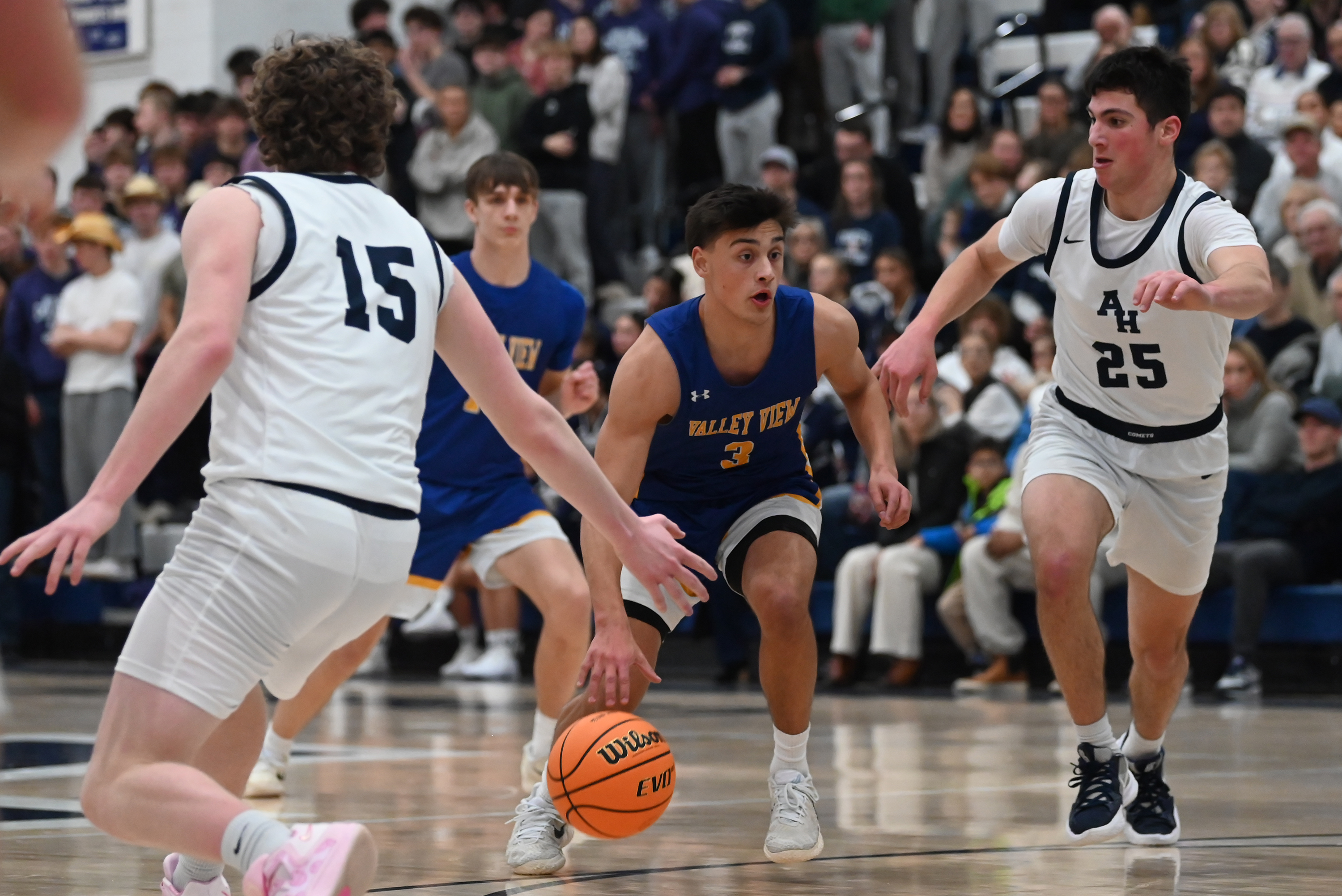 Valley View’s Michael Muto moves the ball during the basketball...