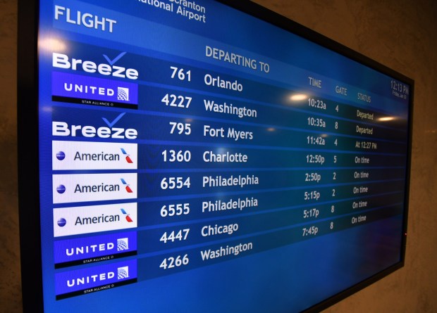 Flight information is displayed on a monitor in the Wilkes-Barre Scranton International Airport in Pittston Twp. Friday, January 30, 2026. (SEAN MCKEAG / STAFF PHOTOGRAPHER)
