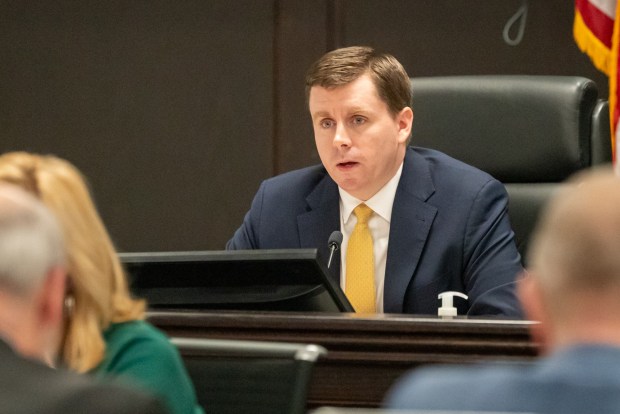 Commissioner Bill Gaughan speaks during the reorganization meeting at the Lackawanna County Government Center in Scranton on Monday, Jan. 5, 2026. (REBECCA PARTICKA/STAFF PHOTOGRAPHER)