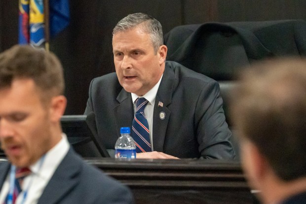 Commissioner Chris Chermak speaks during the reorganization meeting at the Lackawanna County Government Center in Scranton on Monday, Jan. 5, 2026. (REBECCA PARTICKA/STAFF PHOTOGRAPHER)