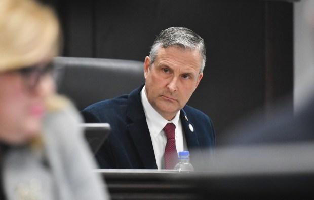Lackawanna County Commissioner Chris Chermak looks on during the commissioners meeting at the county government center in Scranton Wednesday, January 21, 2026. (SEAN MCKEAG / STAFF PHOTOGRAPHER)