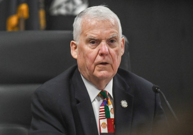Lackawanna County Commissioner Thom Welby looks on during the commissioners meeting at the county government center in Scranton Wednesday, January 21, 2026. (SEAN MCKEAG / STAFF PHOTOGRAPHER)