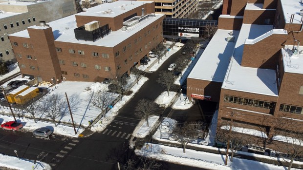 An aerial view of Regional Hospital of Scranton in Scranton Thursday, January 29, 2026. (SEAN MCKEAG / STAFF PHOTOGRAPHER)