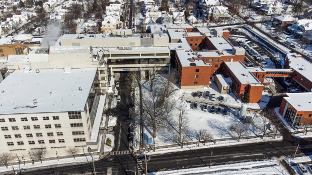 An aerial view of Moses Taylor Hospital in Scranton Thursday, January 29, 2026. (SEAN MCKEAG / STAFF PHOTOGRAPHER)