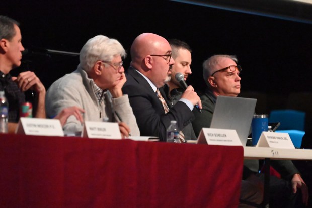 Raymond Rinaldi, attorney for Archbald 25 Developer LLC, answers questions from the public during the hearing for the organization's proposed "Project Gravity" data center campus at Valley View High School on Tuesday, Jan. 06, 2026. (REBECCA PARTICKA/STAFF PHOTOGRAPHER)