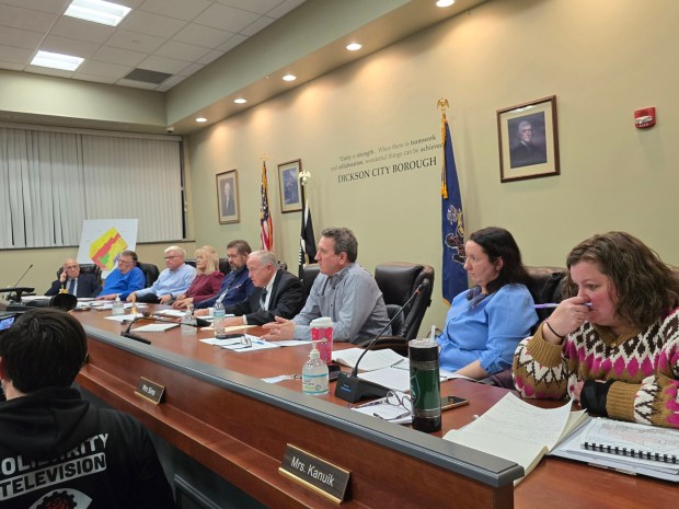 Dickson City officials look on during a public hearing Tuesday, Jan. 20, 2026, in the Dickson City Borough Building. (FRANK WILKES LESNEFSKY / STAFF PHOTO)