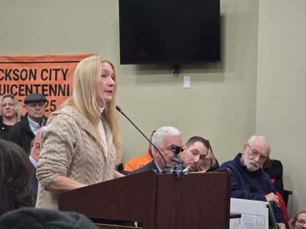 Bell Mountain resident Wendy Jones, who is also a member of the Dickson City Planning Commission, explains why the planning commission designated data centers for the borough's light manufacturing zones during a public hearing Tuesday, Jan. 20, 2026, in the Dickson City Borough Building. (FRANK WILKES LESNEFSKY / STAFF PHOTO)