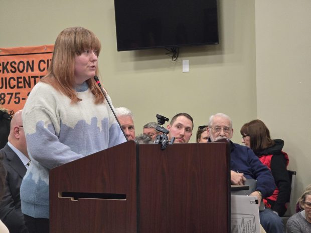 Resident Leandra Nash contends, "(Data centers) see us as a dumping ground," during a public hearing Tuesday, Jan. 20, 2026, in the Dickson City Borough Building. (FRANK WILKES LESNEFSKY / STAFF PHOTO)