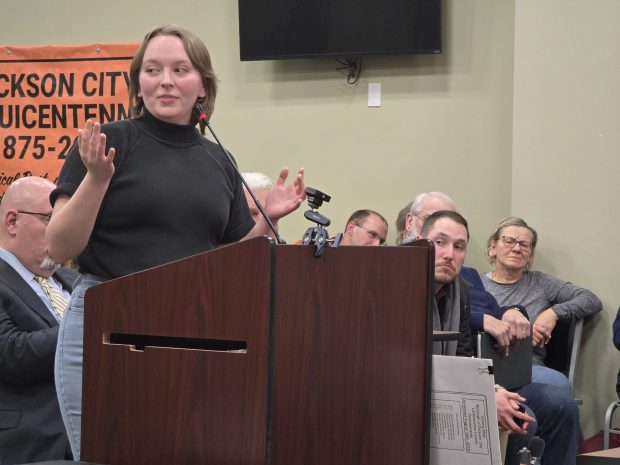 Dickson City resident Celine Nash, who has a degree in forestry, raised concerns about deforestation and noise during a public hearing Tuesday, Jan. 20, 2026, in the Dickson City Borough Building. (FRANK WILKES LESNEFSKY / STAFF PHOTO)