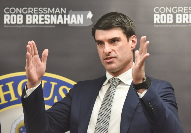 State Rep. Rob Bresnahan speaks at the Geisinger Community Medical Center Professional Building in Scranton Friday, December 5, 2025. (SEAN MCKEAG / STAFF PHOTOGRAPHER)