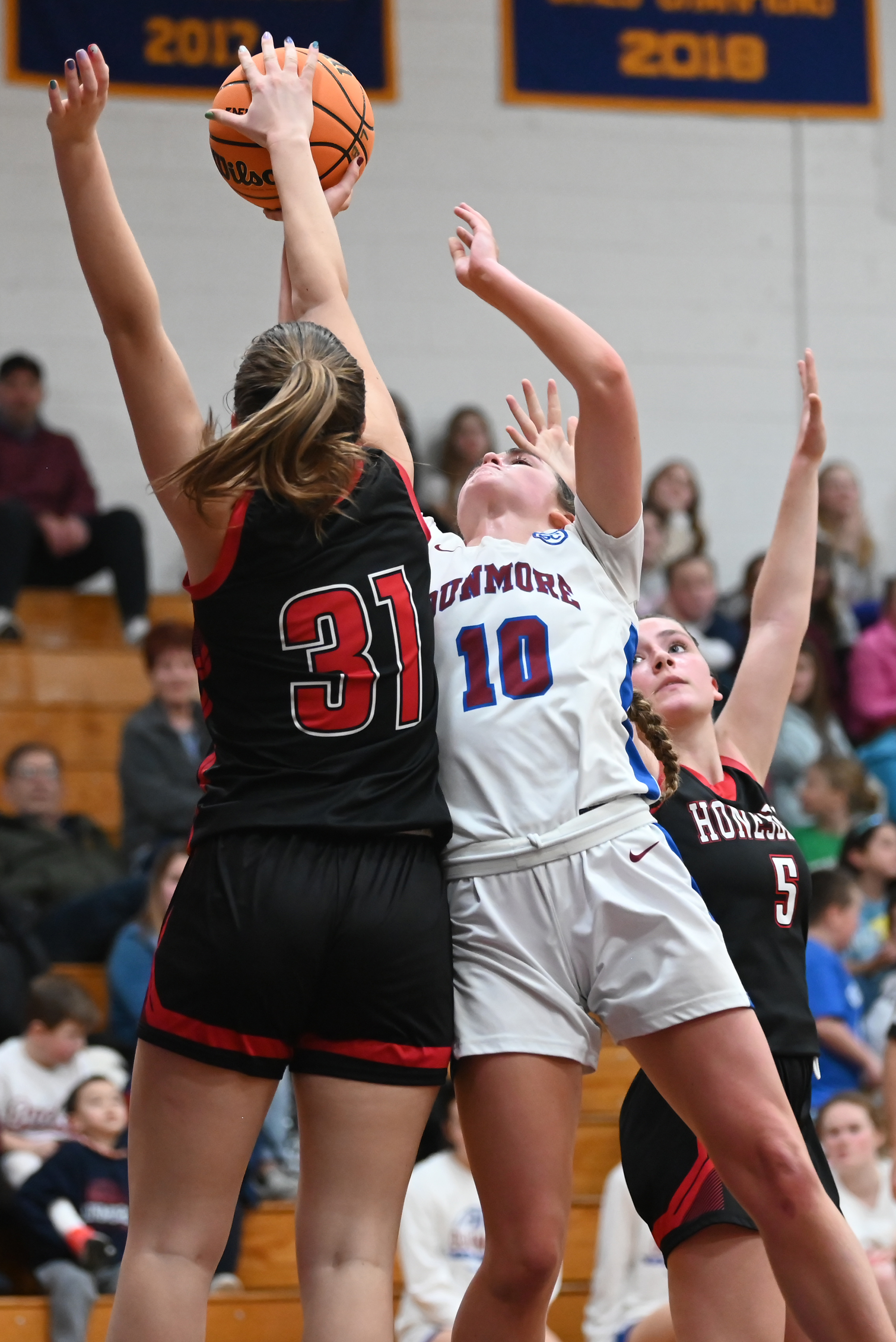 Honesdale’s Lily Murray defends Dunmore’s Amanda Dempsey during the basketball...