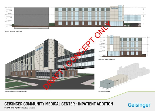 Rendering of a 75-foot-tall, five-story expansion building proposed by Geisinger Community Medical Center in Scranton, for the 400 block of Colfax Avenue, connected to the existing hospital by a bridge over Mulberry Street, and with a five-story parking garage on the Vine Street side of the Colfax block. IMAGE PROVIDED / COURTESY OF GEISINGER